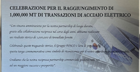 CELEBRAZIONE PER IL RAGGIUNGIMENTO DEL MILIONE DI TONNELLATE DI ACCIAIO POSCO